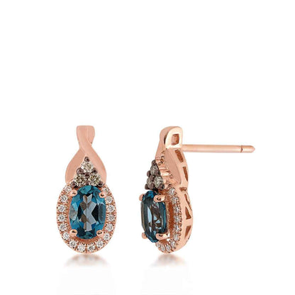 Le Vian Chocolatier Oval Deep Sea Blue Topaz & 1/6 ct. tw. Chocolate & Vanilla Diamond Earrings in 14K Strawberry Gold