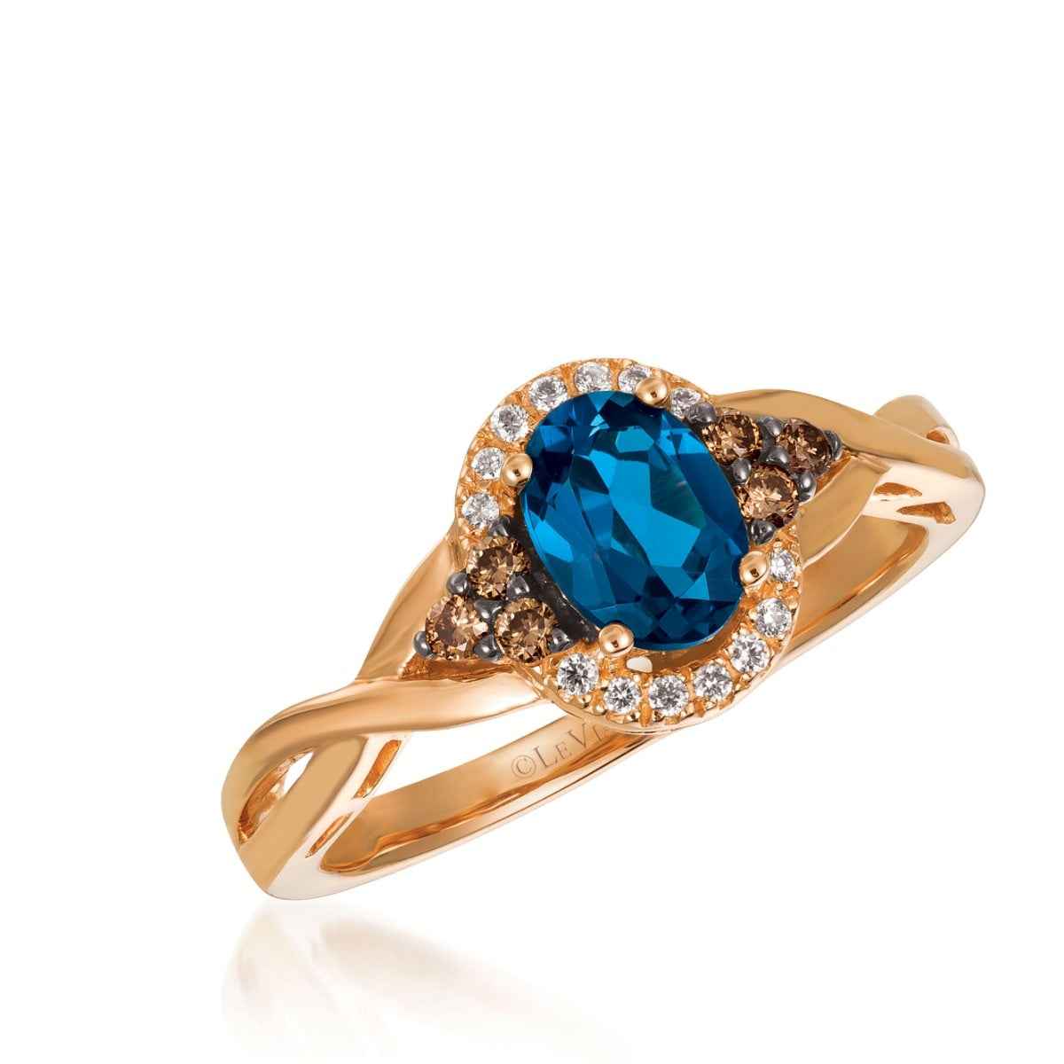 Le Vian Chocolatier Oval Deep Sea Blue Topaz & 1/5 ct. tw. Chocolate & Vanilla Diamond Halo Twist Ring in 14K Strawberry Gold