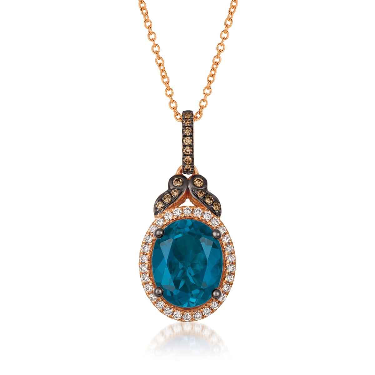 Le Vian Chocolatier Oval Deep Sea Blue Topaz & 1/5 ct. tw. Chocolate & Vanilla Diamond Halo Pendant in 14K Strawberry Gold