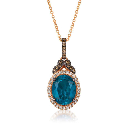 Le Vian Chocolatier Oval Deep Sea Blue Topaz & 1/5 ct. tw. Chocolate & Vanilla Diamond Halo Pendant in 14K Strawberry Gold
