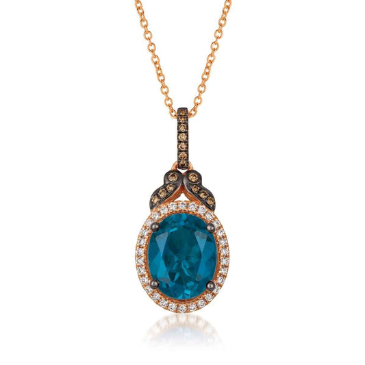 Le Vian Chocolatier Oval Deep Sea Blue Topaz & 1/5 ct. tw. Chocolate & Vanilla Diamond Halo Pendant in 14K Strawberry Gold
