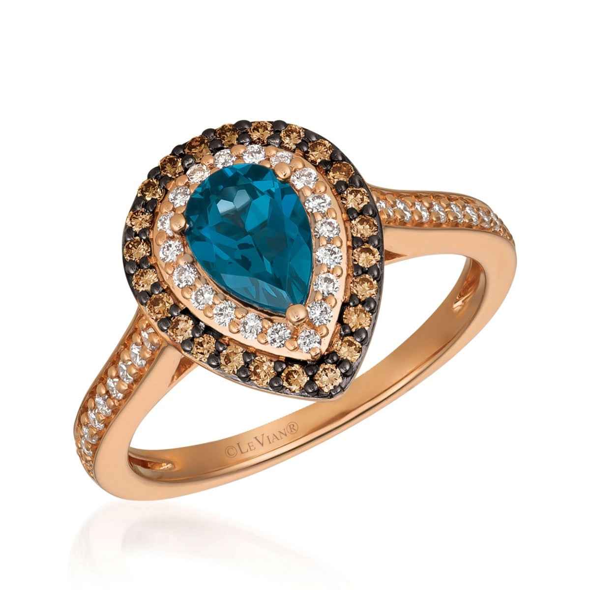 Le Vian Chocolatier Pear Deep Sea Blue Topaz & 3/8 ct. tw. Chocolate & Vanilla Diamond Double Halo Ring in 14K Strawberry