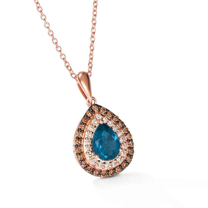 Le Vian Chocolatier Pear Deep Sea Blue Topaz & 1/3 ct. tw. Chocolate & Vanilla Diamond Double Halo Pendant in 14K Strawberry