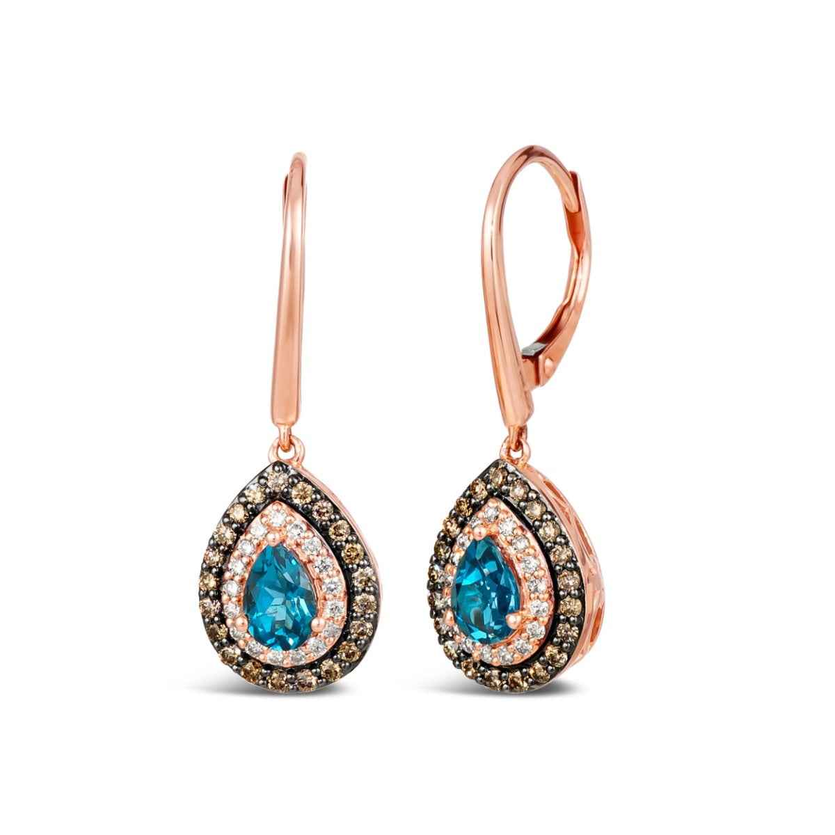 Le Vian Chocolatier Pear Deep Sea Blue Topaz & 1/2 ct. tw. Chocolate & Vanilla Diamond Double Halo Drop Earrings in 14K