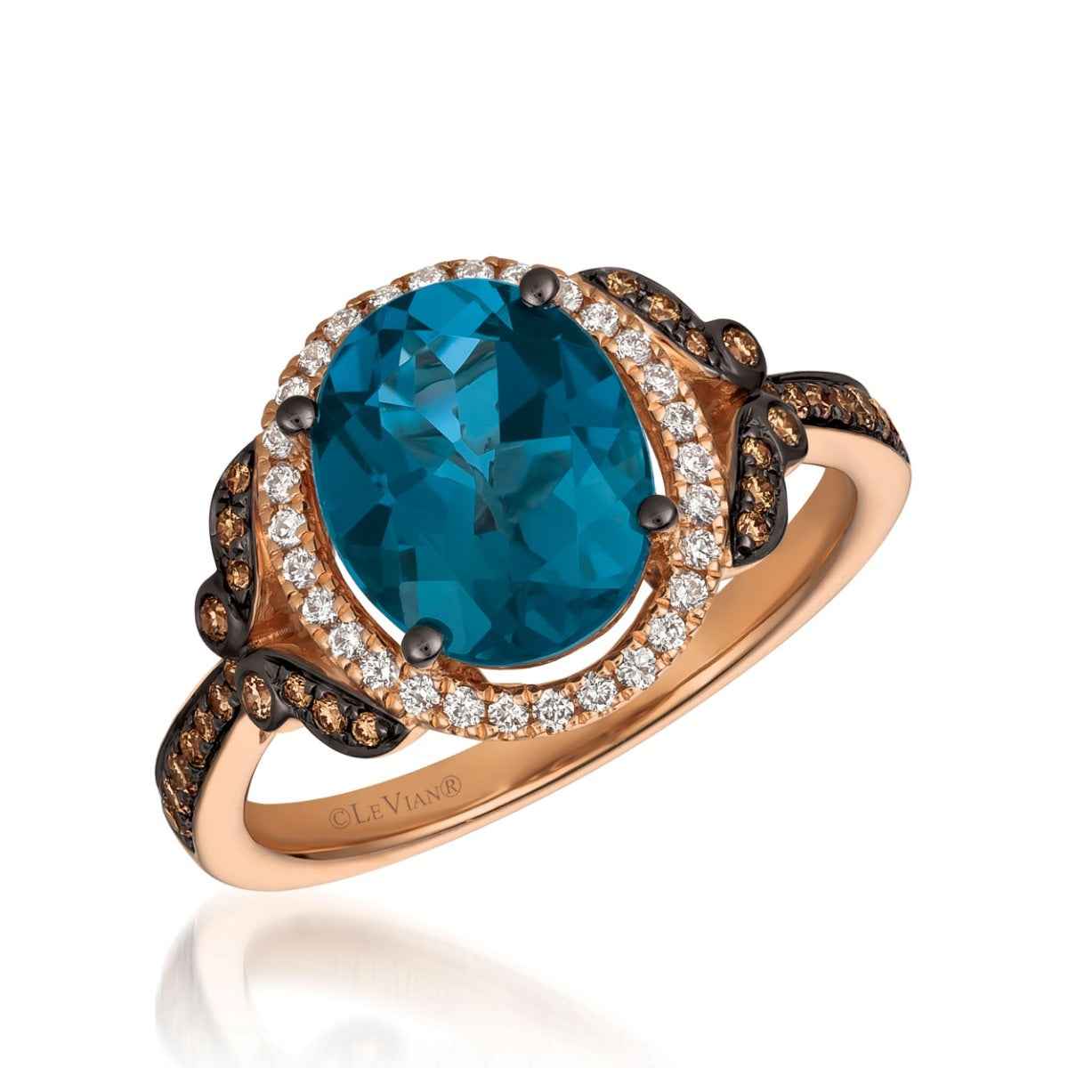 Le Vian Chocolatier Oval Deep Sea Blue Topaz & 1/4 ct. tw. Chocolate & Vanilla Diamond Halo Ring in 14K Strawberry Gold