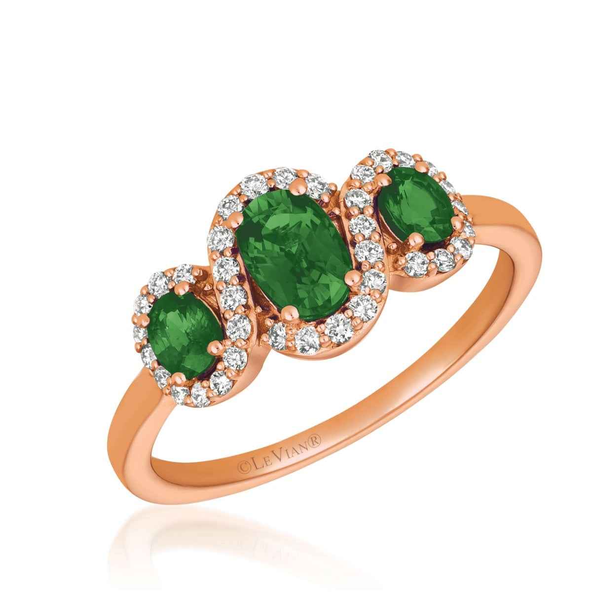 Le Vian 3-Stone Oval Costa Smeralda Emeralds & 1/5 ct. tw. Vanilla Diamond Halo Ring in 14K Strawberry Gold