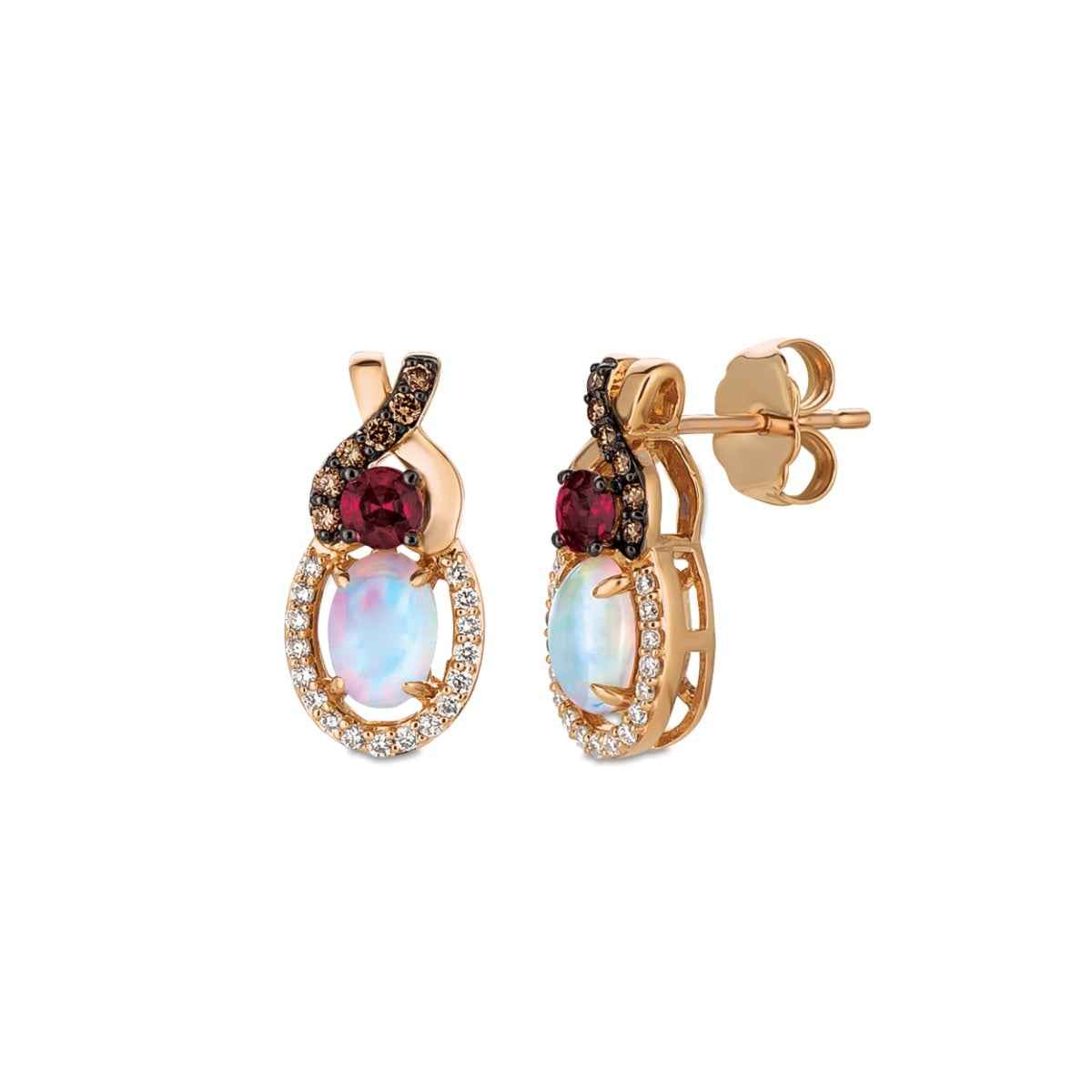 Le Vian Chocolatier Oval Neopolitan Opal, Raspberry Rhodolite Garnet & 1/5 ct. tw. Chocolate & Vanilla Diamond Halo Earrings