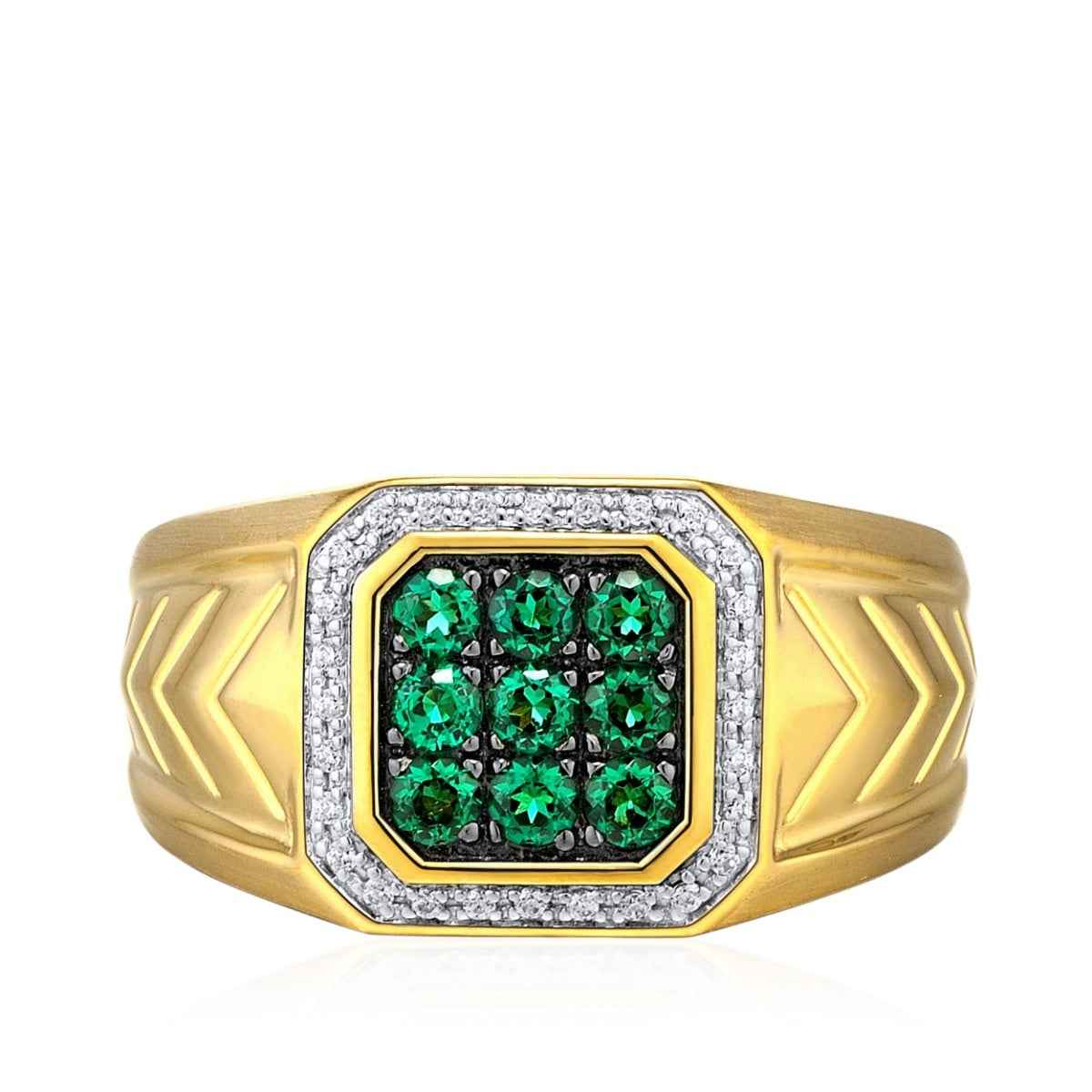 Men's Created Emerald & 1/10 ct. tw. Diamond Cluster Ring in 10K Yellow Gold front view