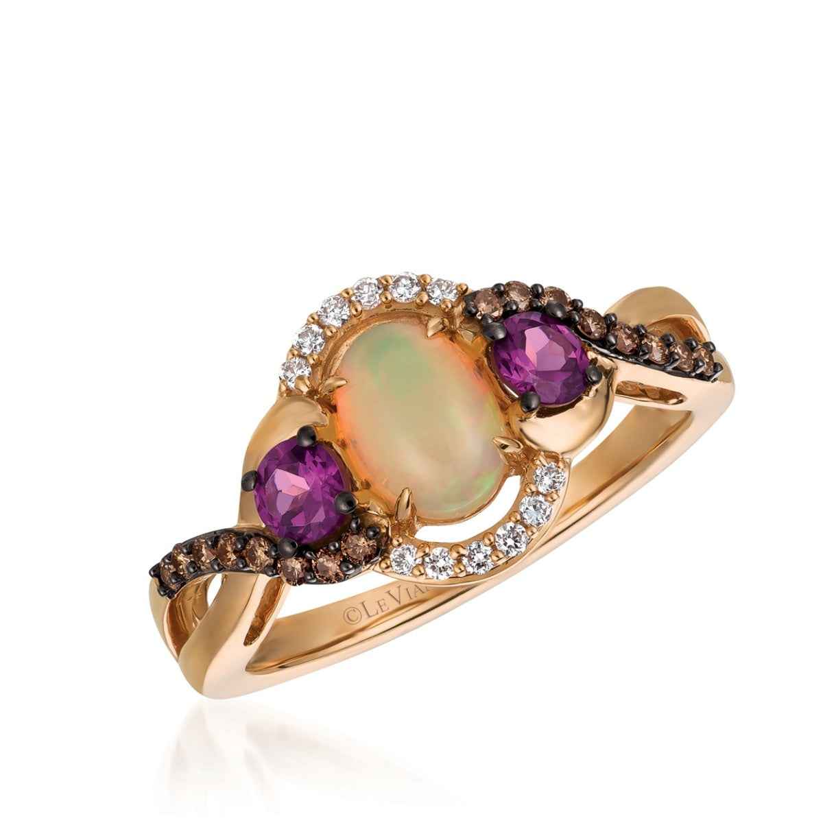 Le Vian Chocolatier Oval Neopolitan Opal, Raspberry Rhodolite Garnet & 1/5 ct. tw. Chocolate & Vanilla Diamond Halo Ring in