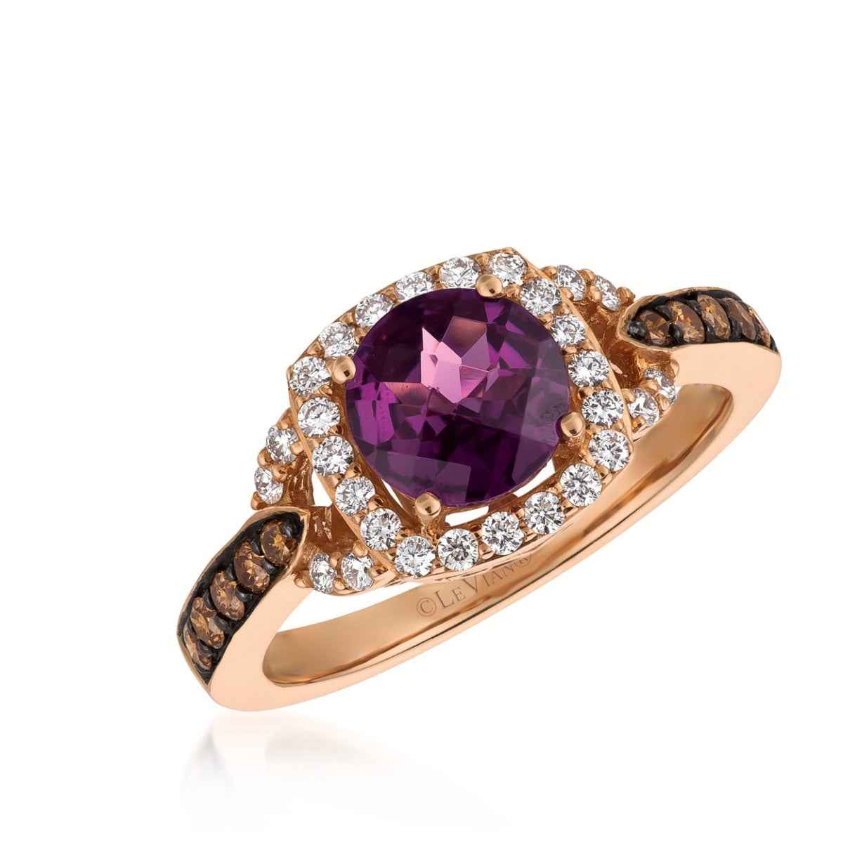 Le Vian Chocolatier Raspberry Rhodolite Garnet & 1/2 ct. tw. Chocolate & Vanilla Diamond Halo Ring in 14K Strawberry Gold