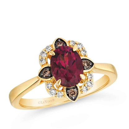 Le Vian Creme Brulee Oval Raspberry Rhodolite Garnet & 1/6 ct. tw. Nude & Chocolate Diamond Floral Halo Ring in 14K Honey