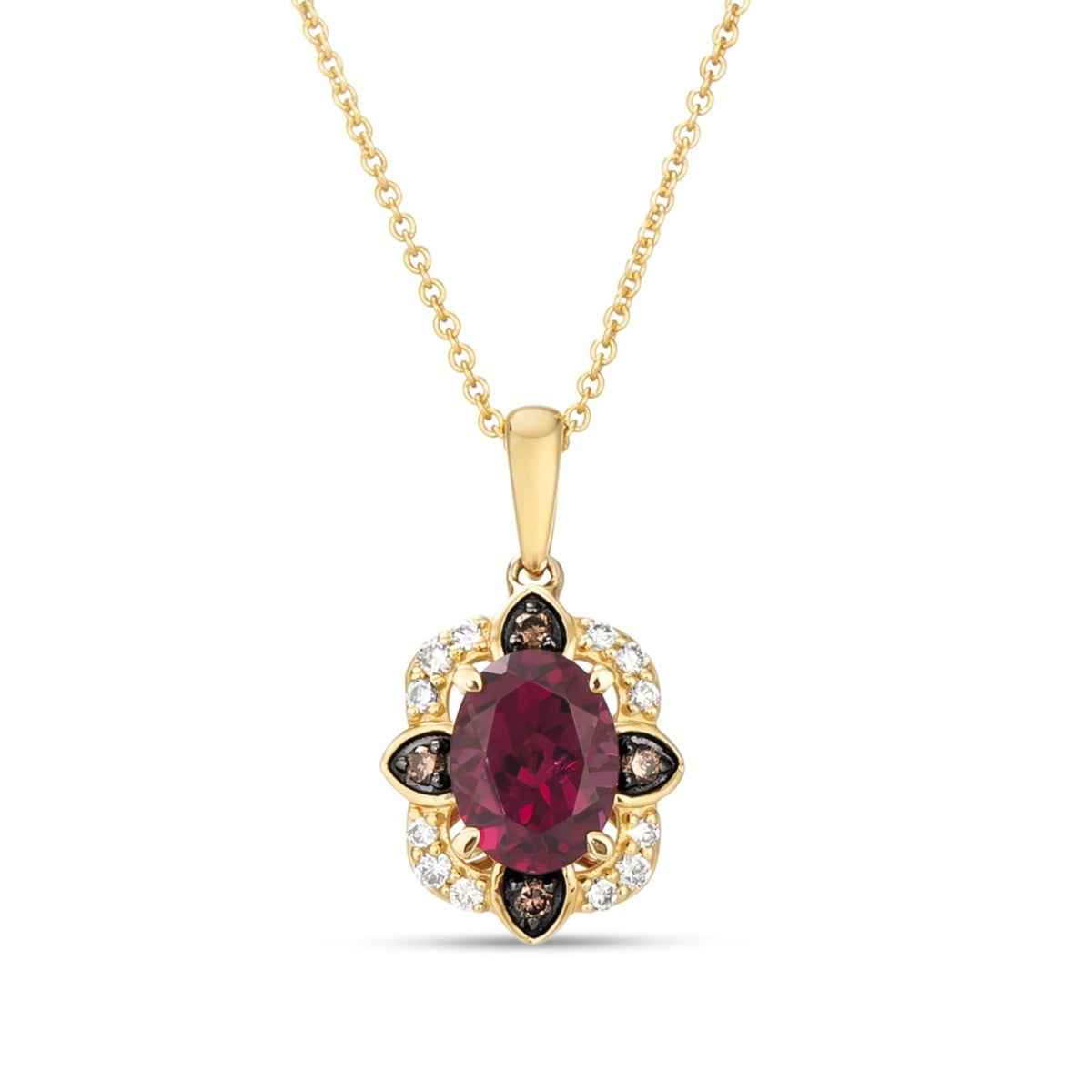 Le Vian Oval Raspberry Rhodolite Garnet & 1/7 ct. tw. Nude & Chocolate Diamond Floral Halo Pendant in 14K Honey Gold