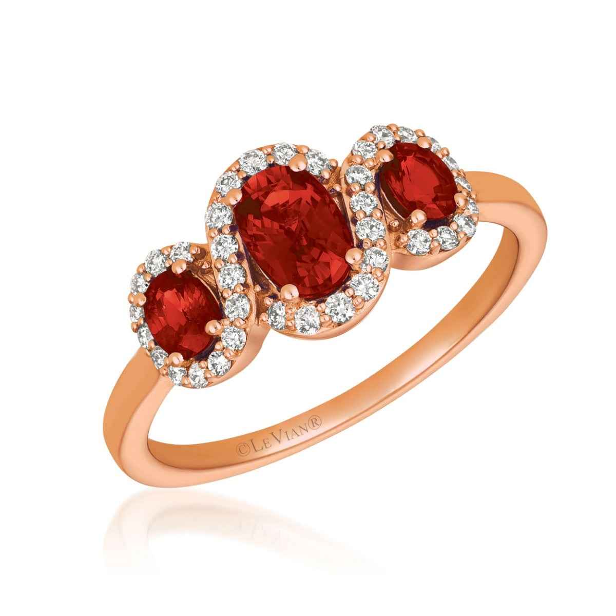 Le Vian 3-Stone Oval Passion Ruby & 1/5 ct. tw. Vanilla Diamond Halo Ring in 14K Strawberry Gold