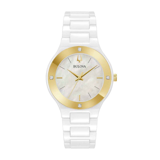 Bulova Ladies' Modern Millennia 4 Diamond White Ceramic Watch with White Mother-of-Pearl Dial