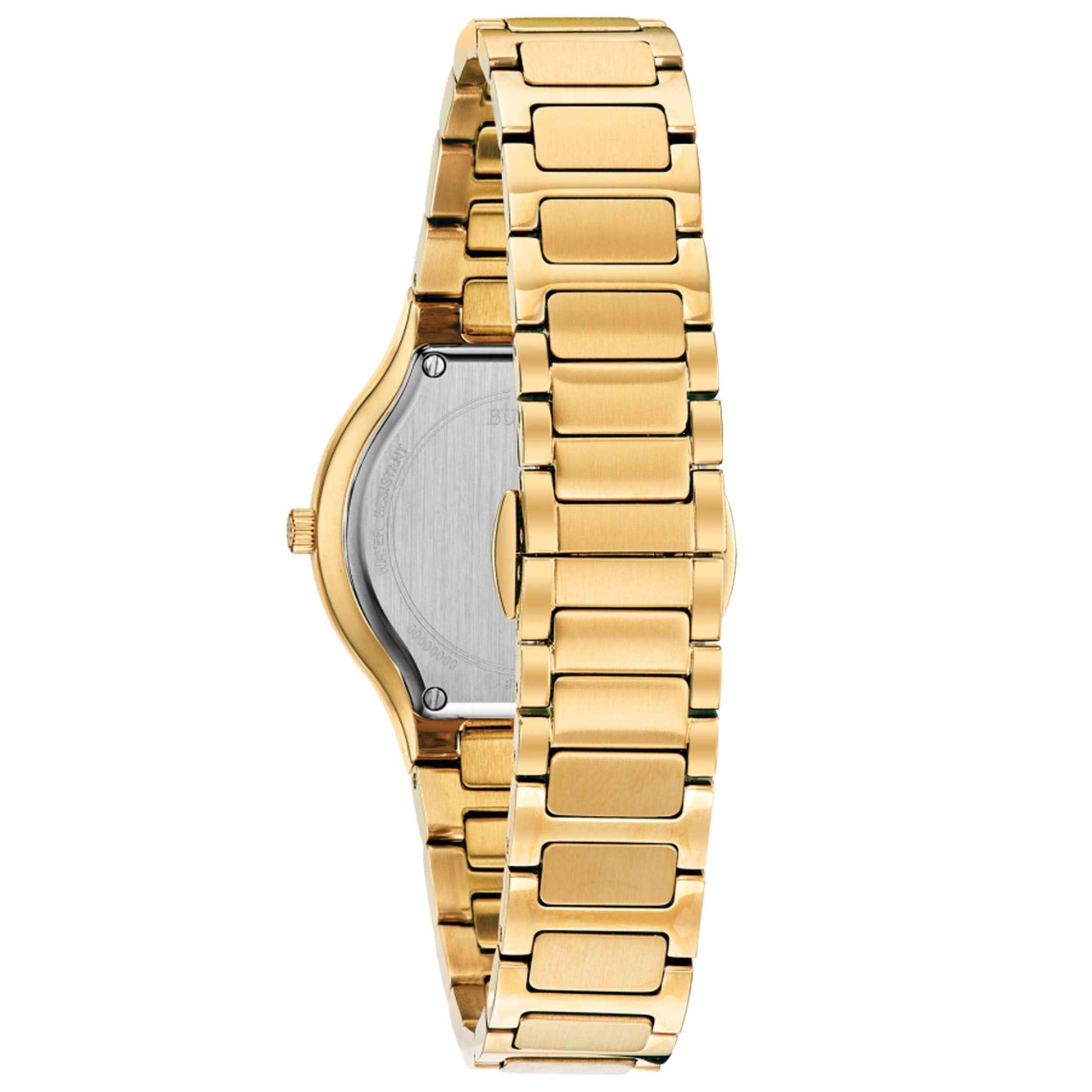 Bulova Ladies' Millenia Stainless Steel Watch with Champagne Mother-of-Pearl Dial and Gold-Tone Band close-up detail