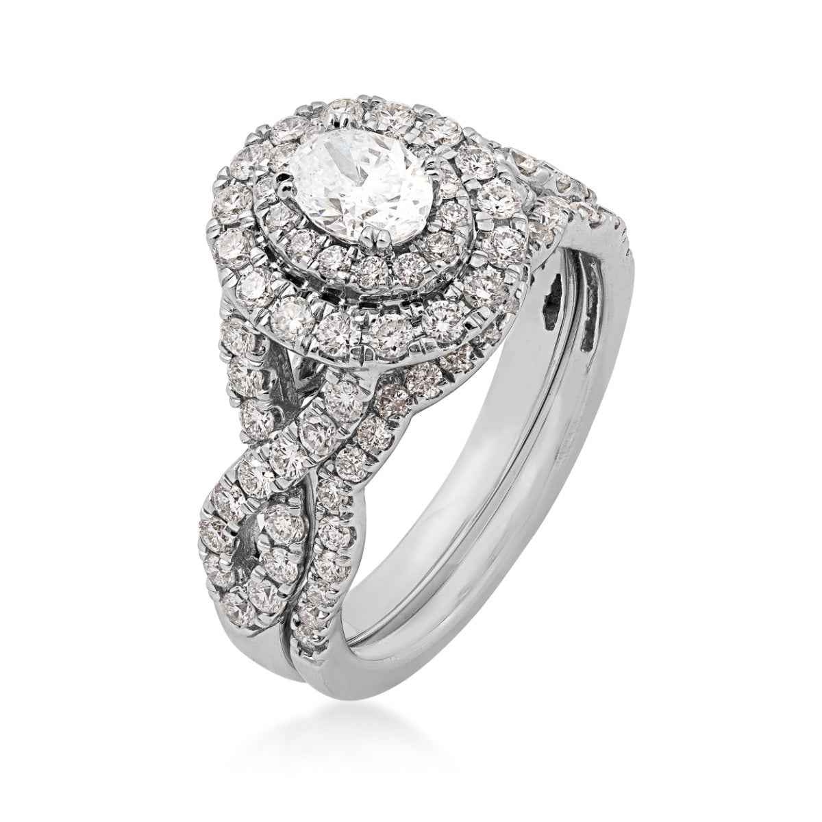 Natural 1-1/2 ct. tw. Oval Diamond Double Halo Twist Wedding Set in 14K White Gold front view (2)