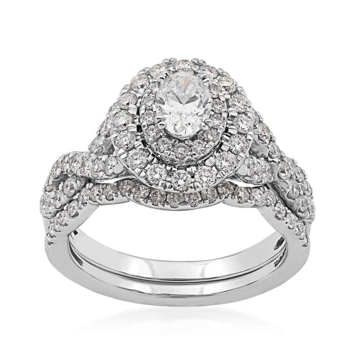 Natural 1-1/2 ct. tw. Oval Diamond Double Halo Twist Wedding Set in 14K White Gold (2)