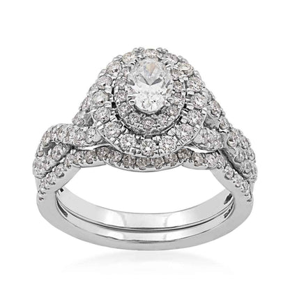 Natural 1-1/2 ct. tw. Oval Diamond Double Halo Twist Wedding Set in 14K White Gold (2)