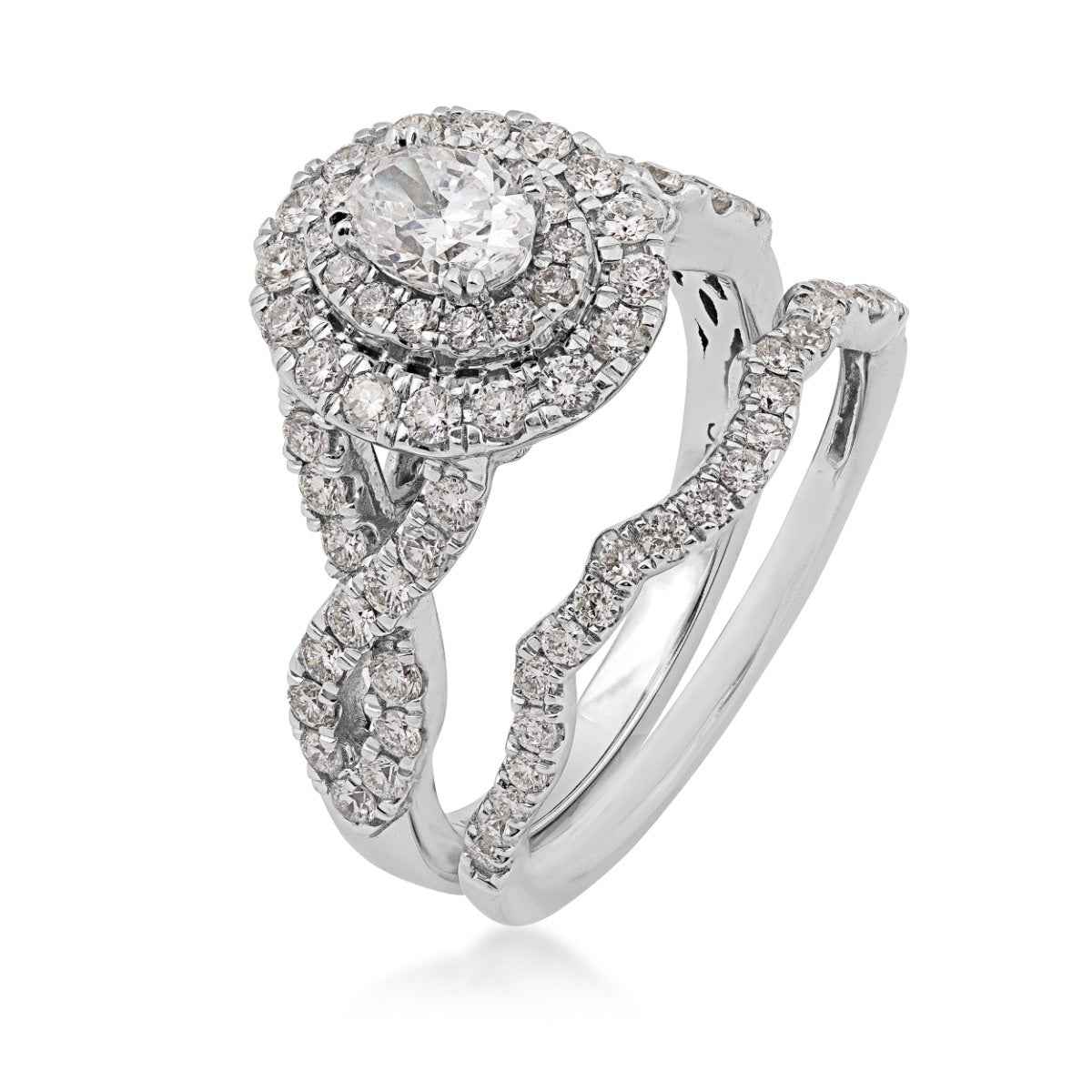 Natural 1-1/2 ct. tw. Oval Diamond Double Halo Twist Wedding Set in 14K White Gold close-up detail