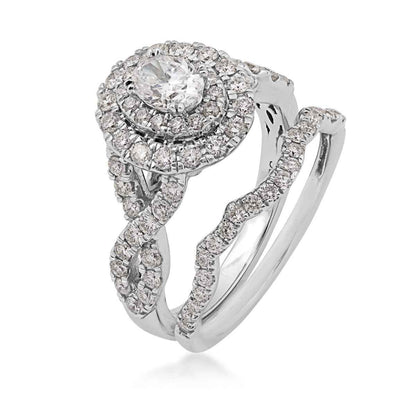 Natural 1-1/2 ct. tw. Oval Diamond Double Halo Twist Wedding Set in 14K White Gold close-up detail