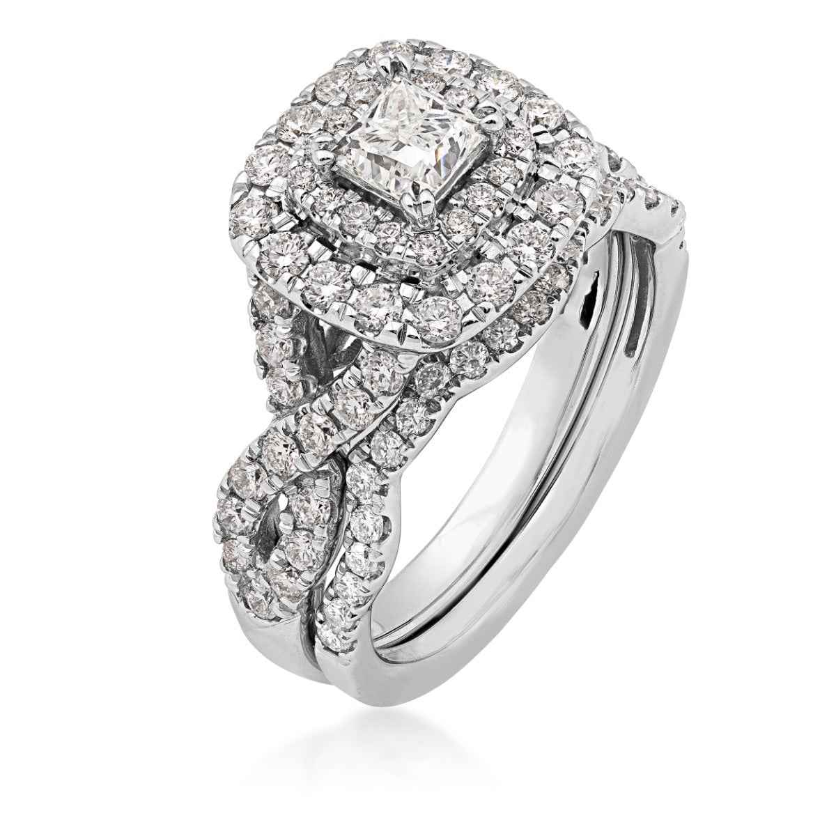 Natural 1-1/2 ct. tw. Princess Cut Diamond Double Halo Twist Band Wedding Set in 14K White Gold front view