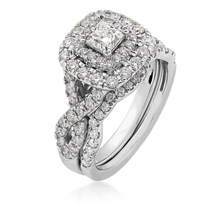 Natural 1-1/2 ct. tw. Princess Cut Diamond Double Halo Twist Band Wedding Set in 14K White Gold front view
