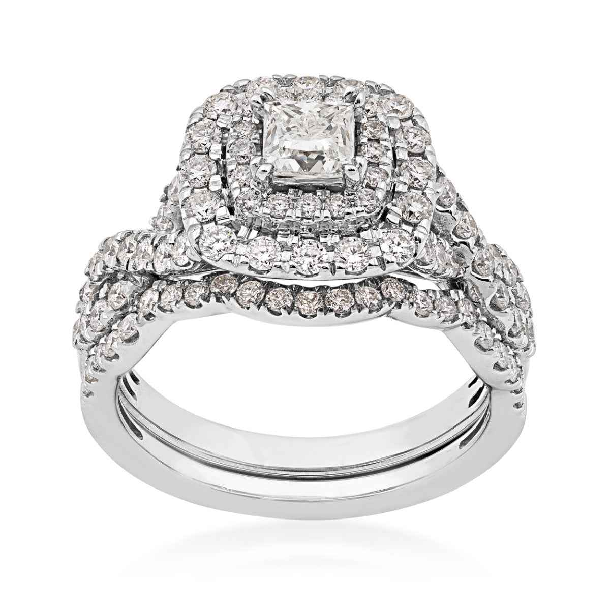 Natural 1-1/2 ct. tw. Princess Cut Diamond Double Halo Twist Band Wedding Set in 14K White Gold
