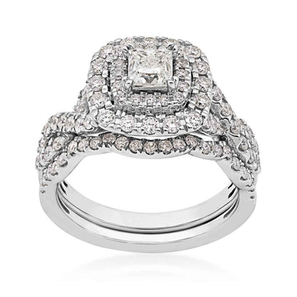 Natural 1-1/2 ct. tw. Princess Cut Diamond Double Halo Twist Band Wedding Set in 14K White Gold