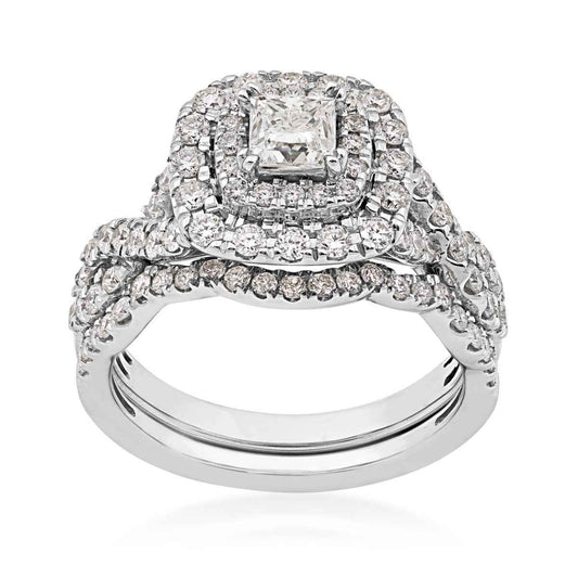 Natural 1-1/2 ct. tw. Princess Cut Diamond Double Halo Twist Band Wedding Set in 14K White Gold