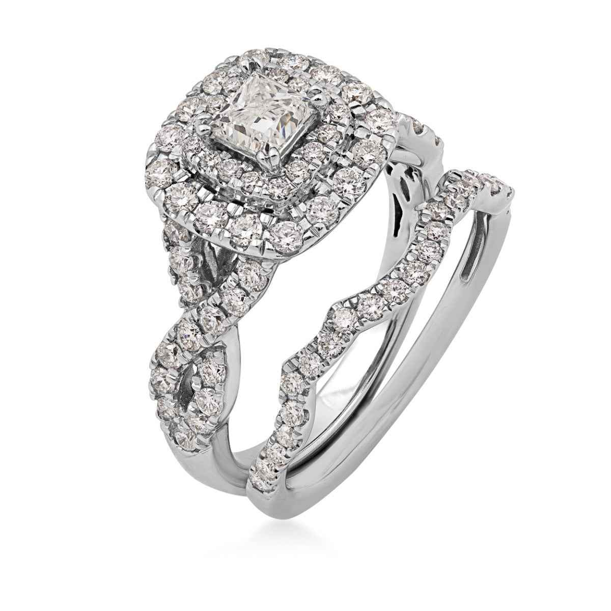 Natural 1-1/2 ct. tw. Princess Cut Diamond Double Halo Twist Band Wedding Set in 14K White Gold close-up detail