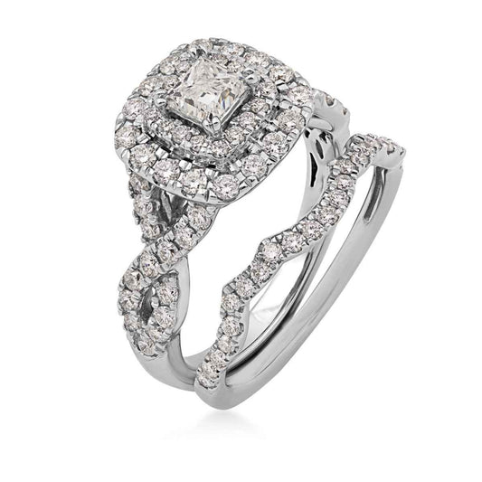 Natural 1-1/2 ct. tw. Princess Cut Diamond Double Halo Twist Band Wedding Set in 14K White Gold close-up detail