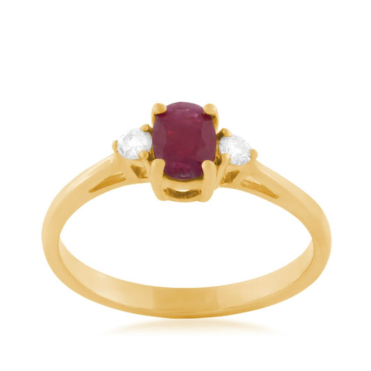 Oval Ruby & 1/10 ct. tw. Diamond 3-Stone Ring in 14K Yellow Gold
