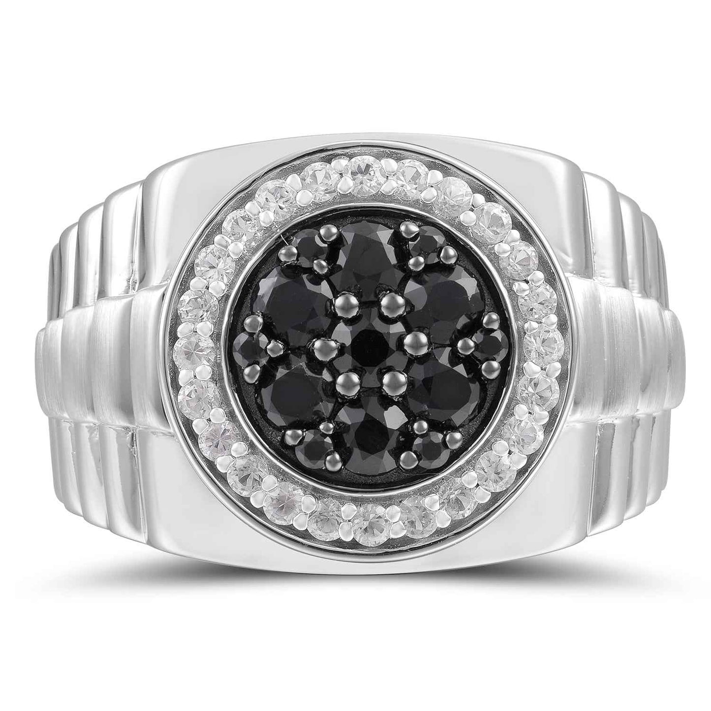 Men's Created Black & White Sapphire Rolex Style Ring in Sterling Silver