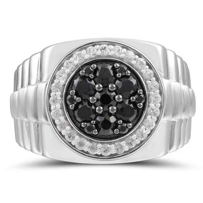 Men's Created Black & White Sapphire Rolex Style Ring in Sterling Silver