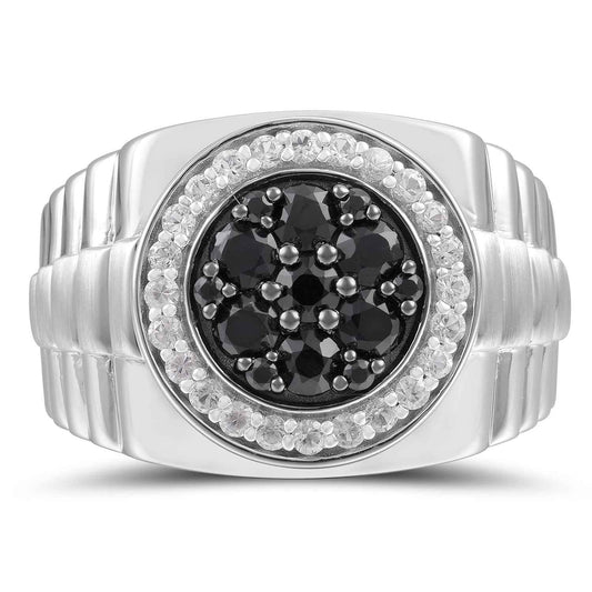 Men's Created Black & White Sapphire Rolex Style Ring in Sterling Silver
