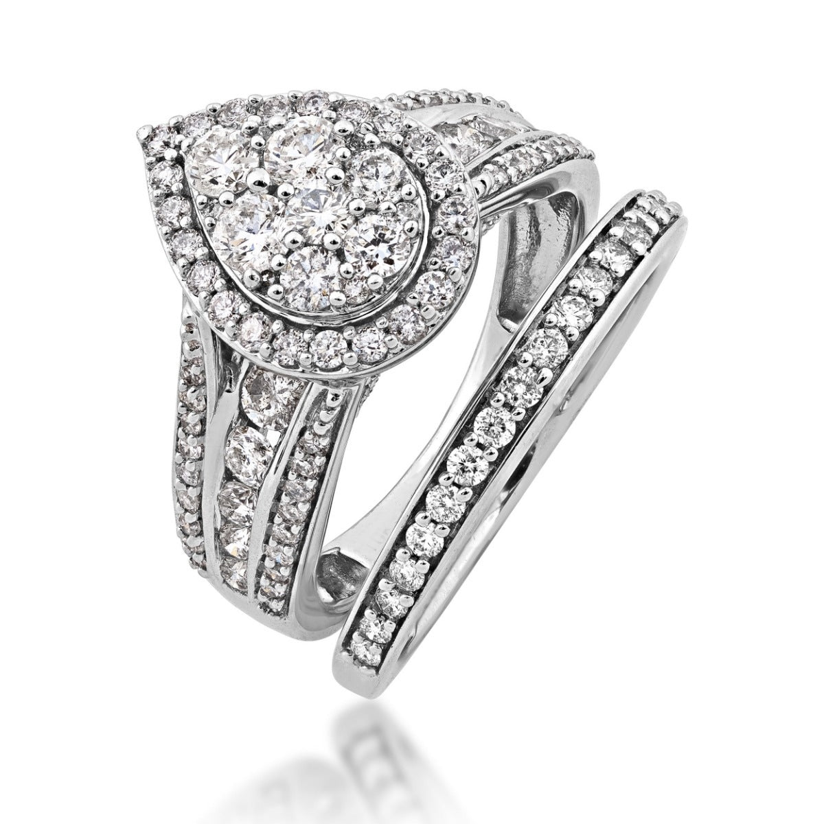 Fairytale Diamonds 1-1/2 ct. tw. Diamond Pear-Shaped Cluster Multirow Wedding Set in 10K White Gold close-up detail