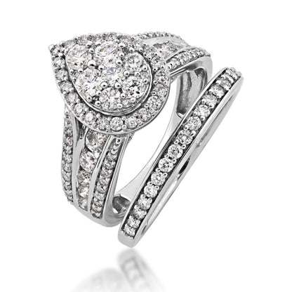 Fairytale Diamonds 1-1/2 ct. tw. Diamond Pear-Shaped Cluster Multirow Wedding Set in 10K White Gold close-up detail
