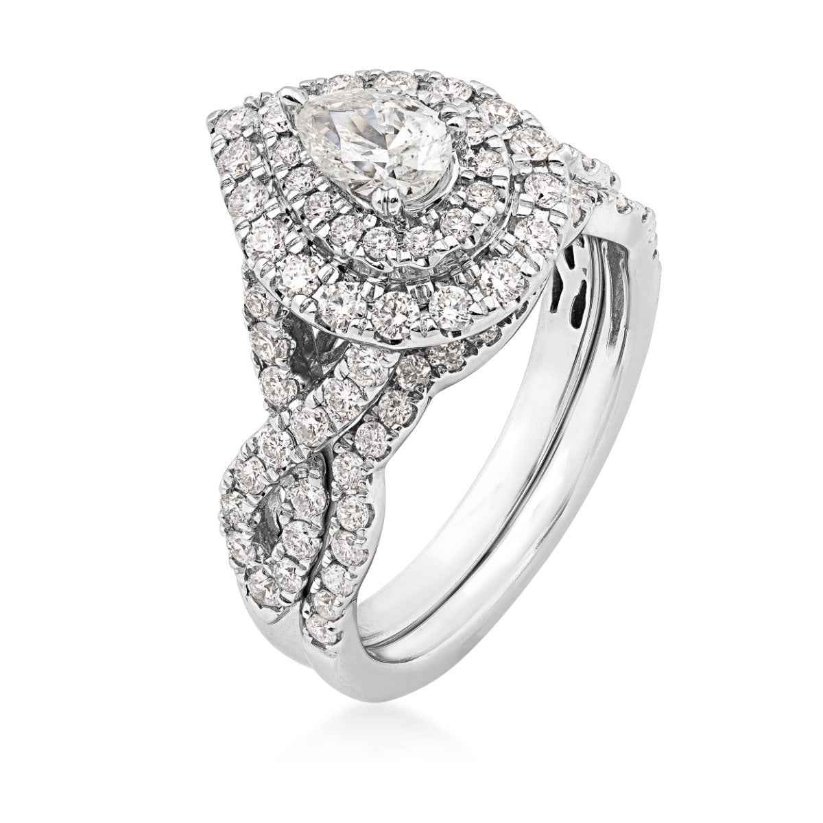 Natural 1-1/2 ct. tw. Pear Diamond Double Halo Twist Band Wedding Set in 14K White Gold front view