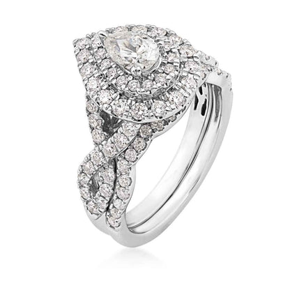 Natural 1-1/2 ct. tw. Pear Diamond Double Halo Twist Band Wedding Set in 14K White Gold front view