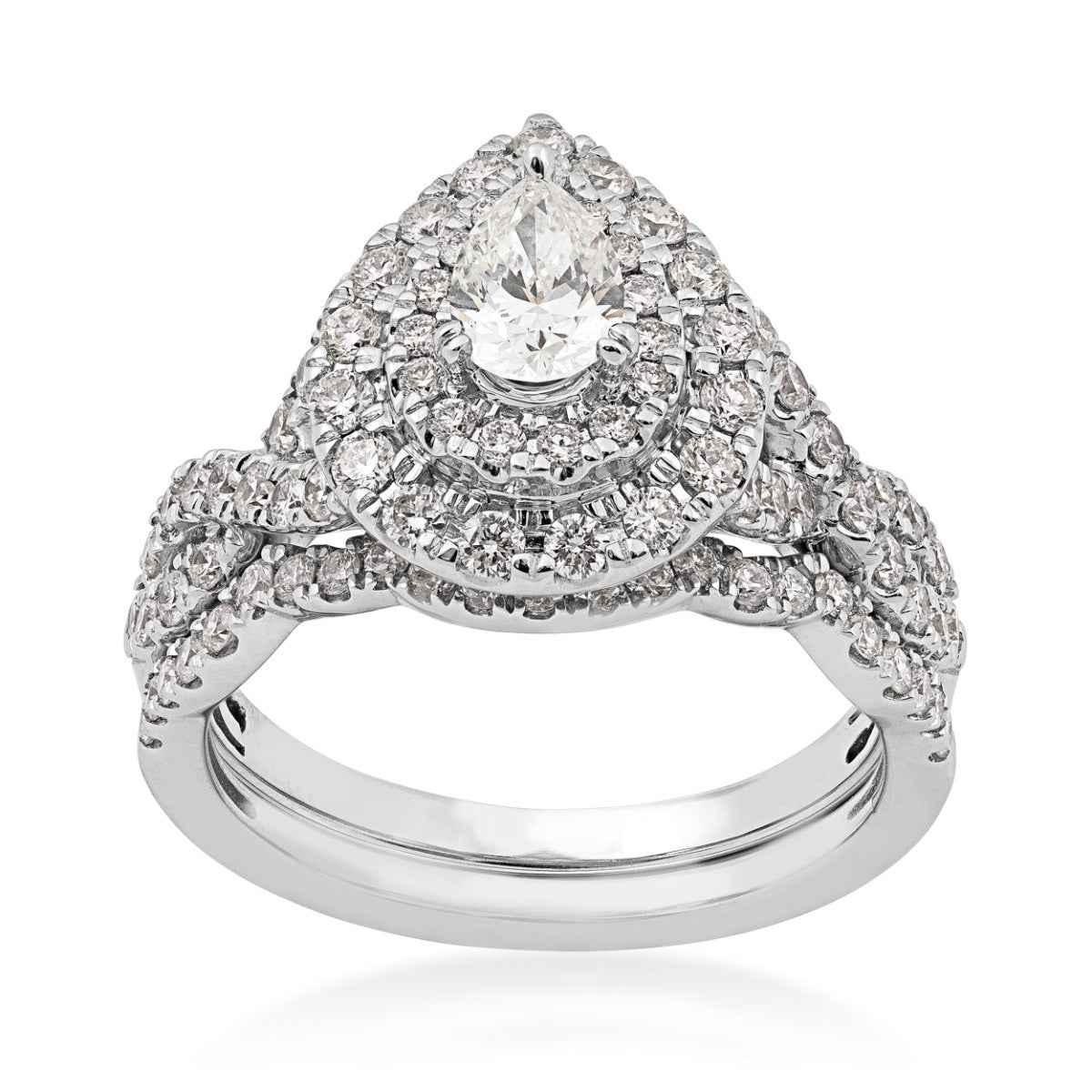 Natural 1-1/2 ct. tw. Pear Diamond Double Halo Twist Band Wedding Set in 14K White Gold