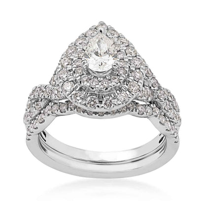 Natural 1-1/2 ct. tw. Pear Diamond Double Halo Twist Band Wedding Set in 14K White Gold