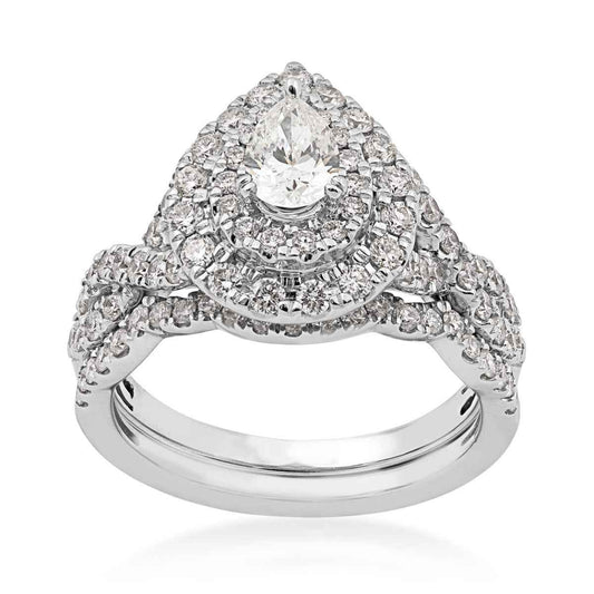 Natural 1-1/2 ct. tw. Pear Diamond Double Halo Twist Band Wedding Set in 14K White Gold