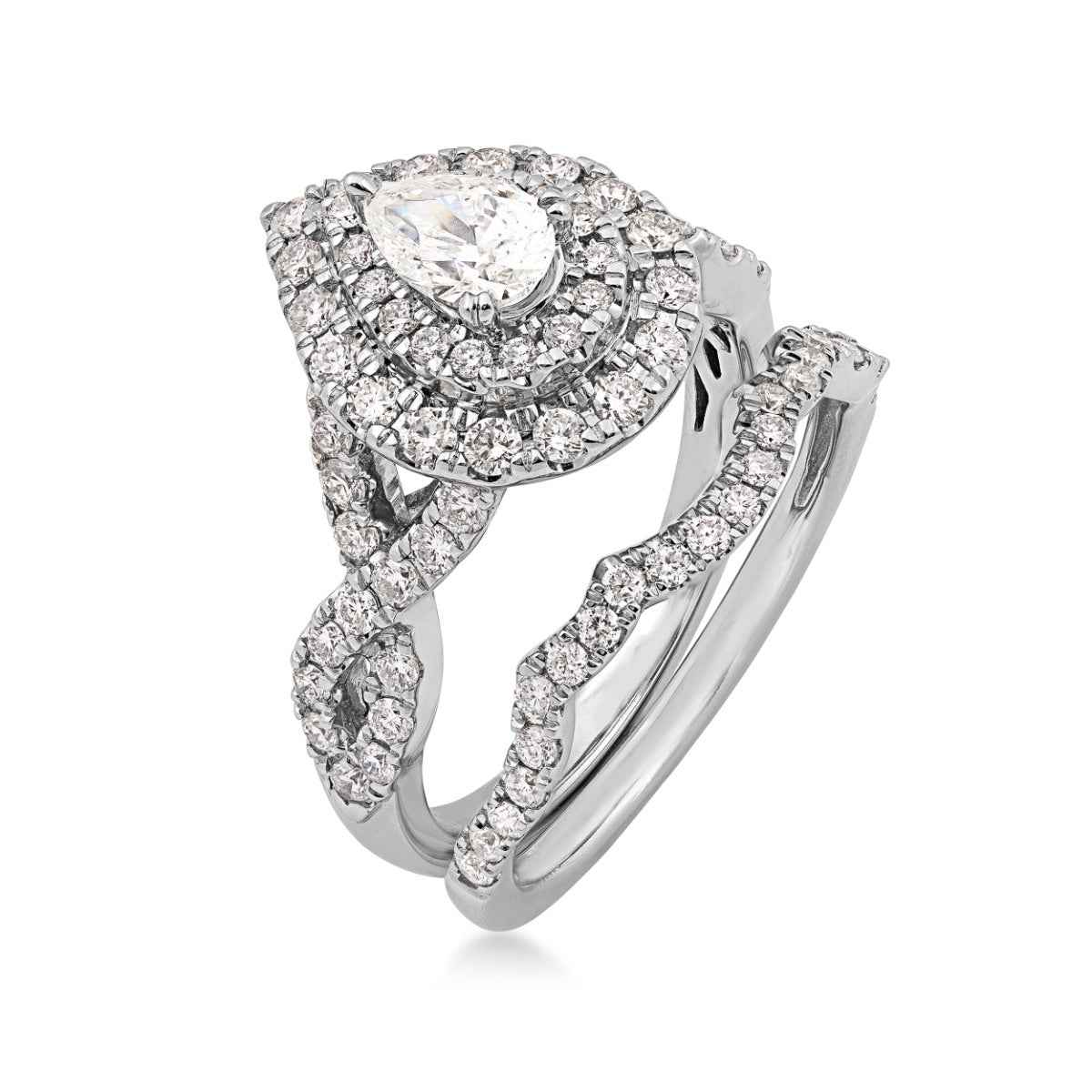 Natural 1-1/2 ct. tw. Pear Diamond Double Halo Twist Band Wedding Set in 14K White Gold close-up detail