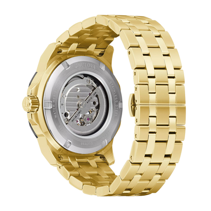 Bulova Men's Marine Star Gold-Tone Stainless Steel Watch with Black Dial close-up detail