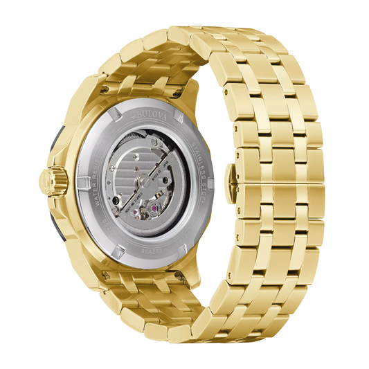 Bulova Men's Marine Star Gold-Tone Stainless Steel Watch with Black Dial close-up detail
