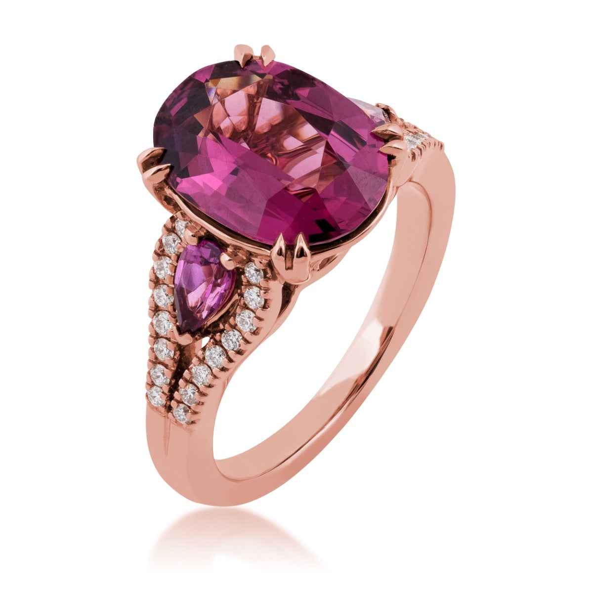 Oval Garnet & 1/5 ct. tw. Diamond Ring in 18K Pink Gold front view