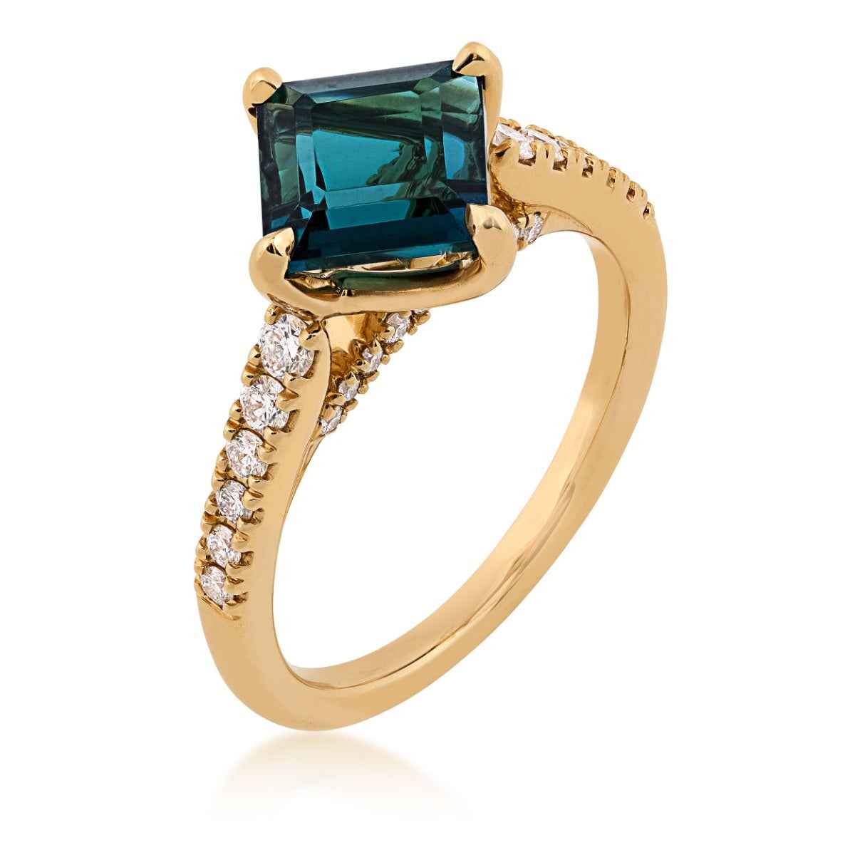 Asscher Cut Blue-Green Tourmaline & 1/3 ct. tw. Diamond Ring in 18K Yellow Gold front view
