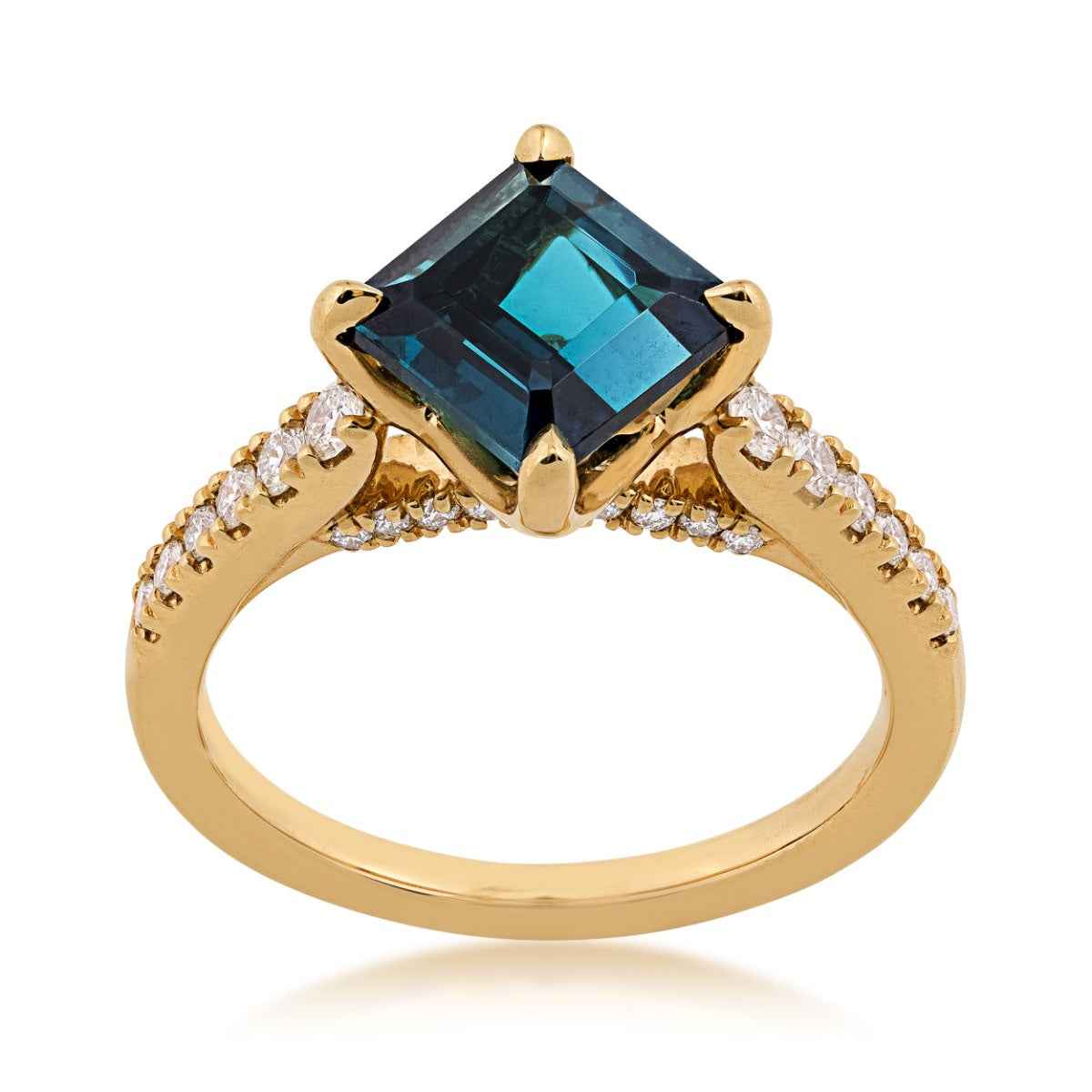 Asscher Cut Blue-Green Tourmaline & 1/3 ct. tw. Diamond Ring in 18K Yellow Gold
