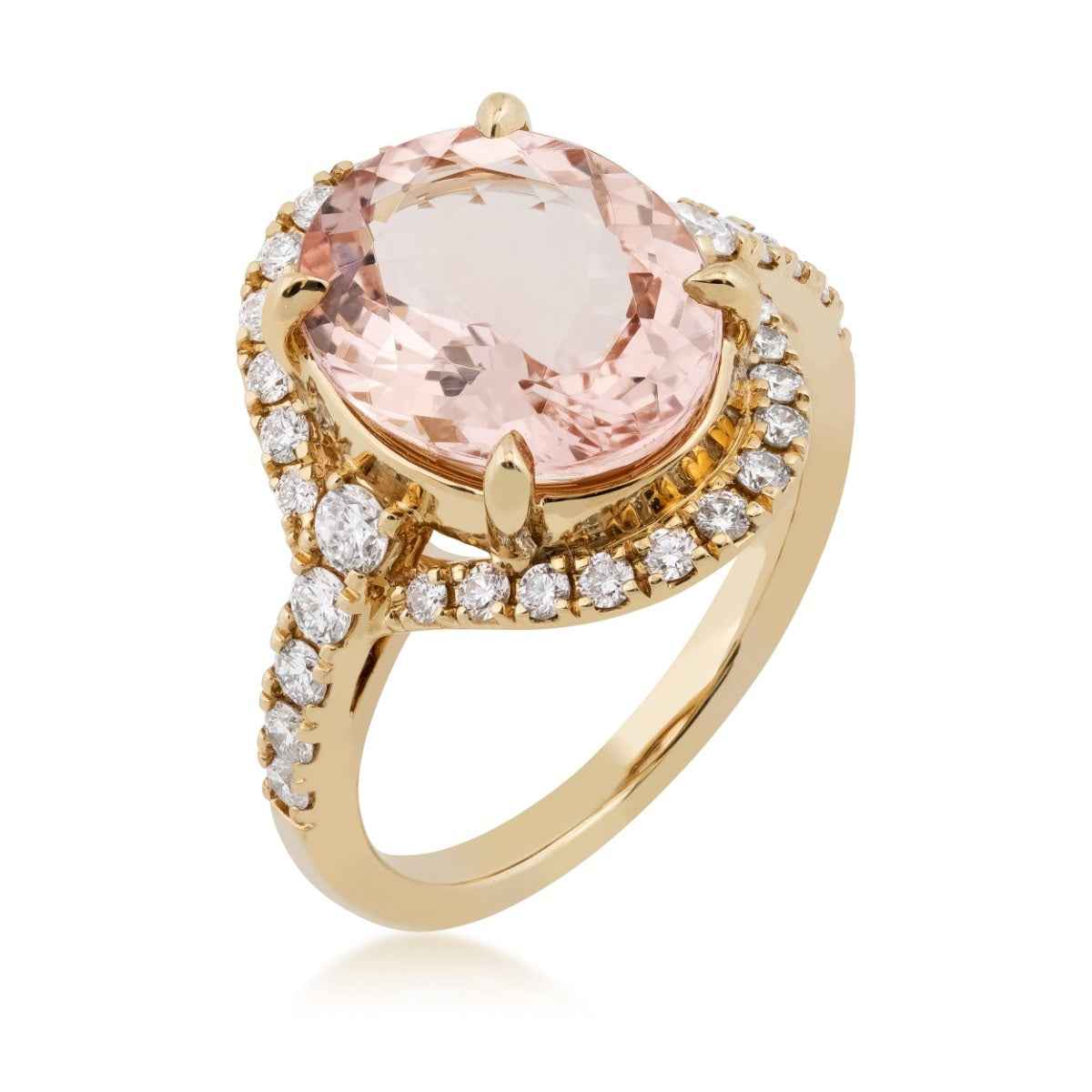 Oval Morganite & 5/8 ct. tw. Diamond Halo Ring in 18K Yellow Gold front view