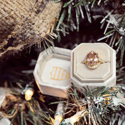 Oval Morganite & 5/8 ct. tw. Diamond Halo Ring in 18K Yellow Gold close-up detail